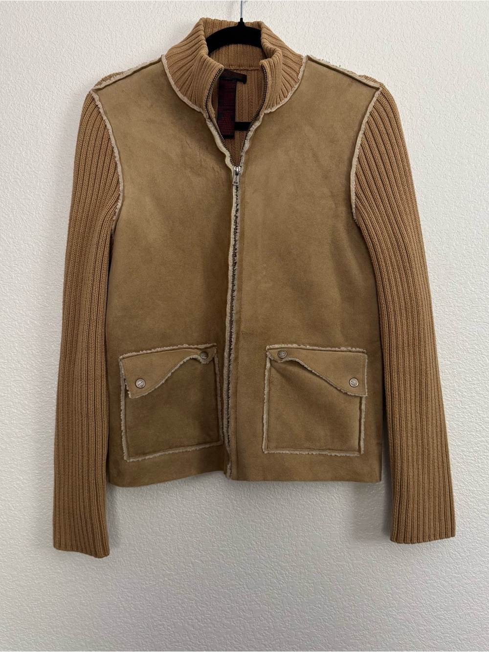 Vintage Ralph Lauren Tan Faux Sherpa Suede Zip Up Ribbed Knit Jacket Medium